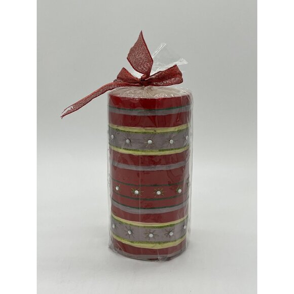 Beautiful Striped Red, Gold and Silver Christmas Candle w/ Jewels by Living Quar - Picture 1 of 4